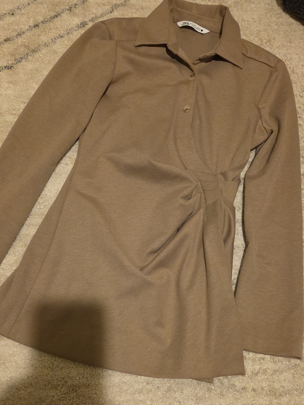 Zara Long Sleeve Twist-Waist Collared Dress in Taupe